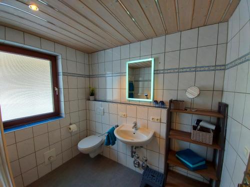 een badkamer met een wastafel, een toilet en een spiegel bij Fewo Sonnenberg Graswang in Graswang