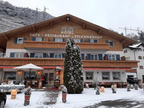 a christmas tree in front of a hotel at Hotel & Residence Sylvanerhof in Chiusa