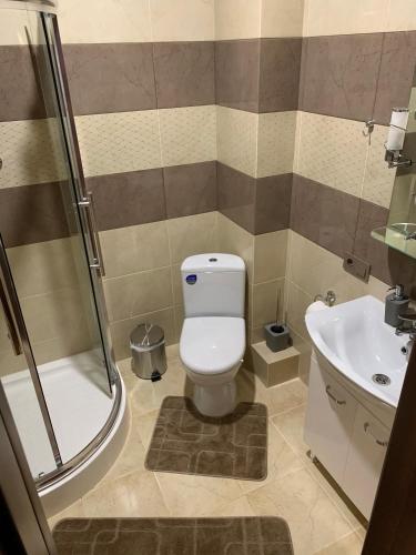 a bathroom with a toilet and a shower and a sink at 4REST in Tukhlya