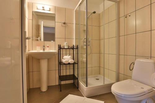 La salle de bains est pourvue d'une douche, de toilettes et d'un lavabo. dans l'établissement Pensiunea La Padure Cheia, Prahova, à Măneciu