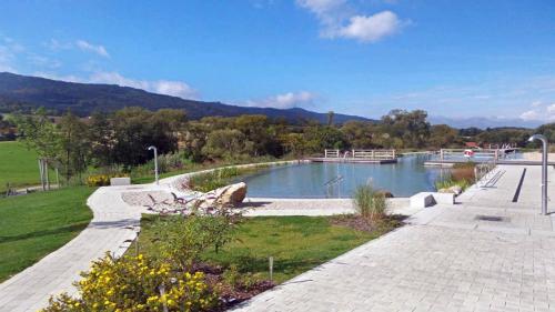 a swimming pool in the middle of a park at Gasthof Zum Wirt Ferienwohnung Hohenbogenblick in Neukirchen beim Heiligen Blut