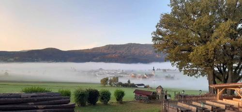 a view of a foggy field with a farm in the background at Gasthof Zum Wirt Ferienwohnung Hohenbogenblick in Neukirchen beim Heiligen Blut