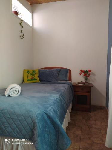 1 dormitorio con 1 cama y 1 mesa con flores en HOSPEDAJE LA REINA u en Santiago