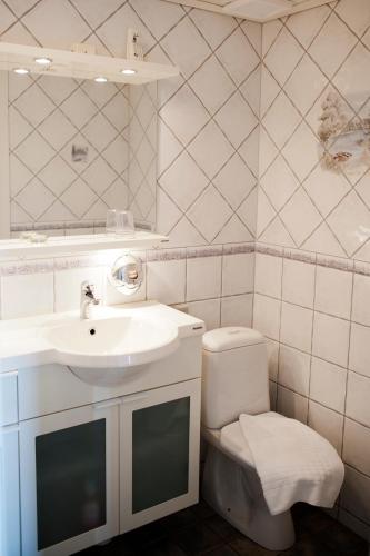 a bathroom with a sink and a toilet and a mirror at Reftele Wardshus in Reftele