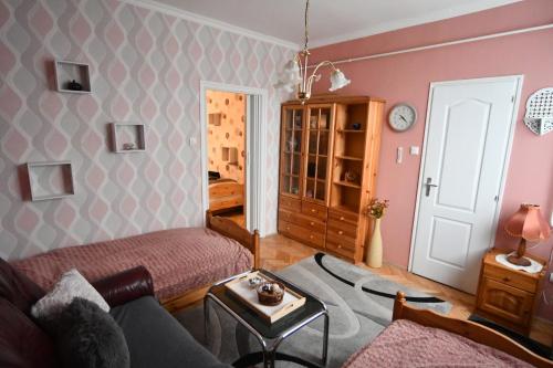 - un salon avec un canapé et une table dans l'établissement Habos isler apartman 16, à Szolnok