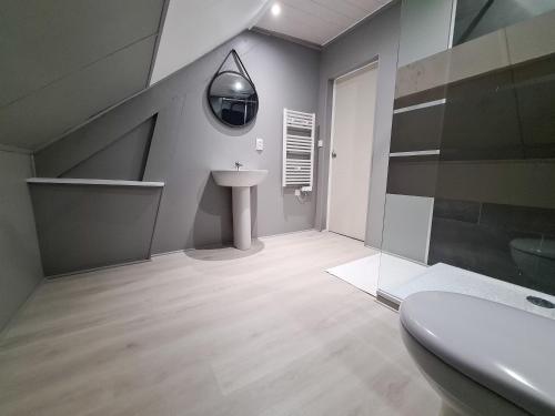 une salle de bain avec un lavabo et un miroir dans l'établissement Grande maison de charme Bretonne, à Québriac