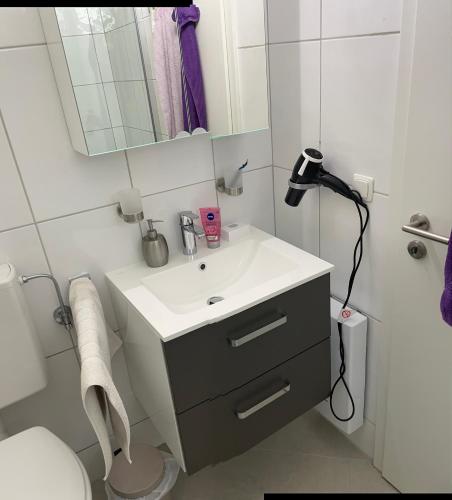 a bathroom with a sink and a mirror and a toilet at Ferienhaus Stausee Bitburg in Biersdorf am See