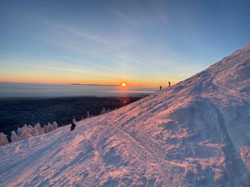 a group of people skiing down a snow covered slope at sunset at Arctic Lodges Lapland Ski in Studio, slopes, ski tracks, National Park, free Wi-Fi - Lapland Villas in Pyhätunturi