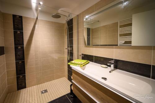 uma casa de banho com um lavatório e um espelho em La Fournial em Lunac