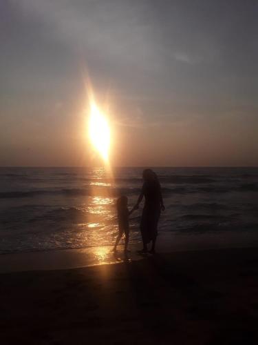 a woman and a dog walking on the beach at Varkala Days Home Stay in Varkala