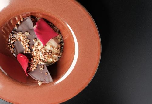 a red plate with a chocolate dessert in it at Hotel Kunst in Krško