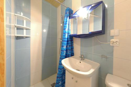 a bathroom with a sink and a toilet and a mirror at Domki Letniskowe Pod Orzechem Dziwnówek-Wrzosowo in Wrzosowo