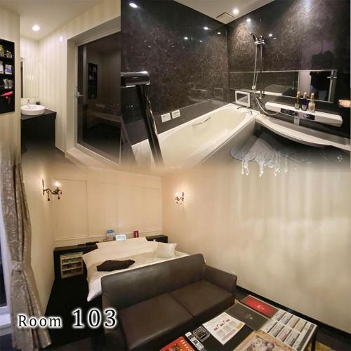 a room with a bed and a bath tub at リバーサイド in Imabari