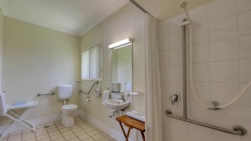 a bathroom with a toilet and a sink and a shower at Country Roads Motor Inn in Goondiwindi