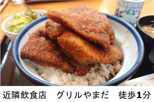 a bowl of food with fried chicken and rice at BBQ可 1日1組限定 貸切別荘 秘密基地 は恐竜博物館まで3km スキージャム勝山まで12km in Katsuyama