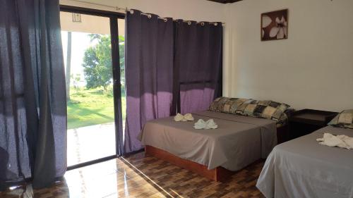 Habitación con 2 camas y ventana con cortinas moradas. en Aloha, en Oslob