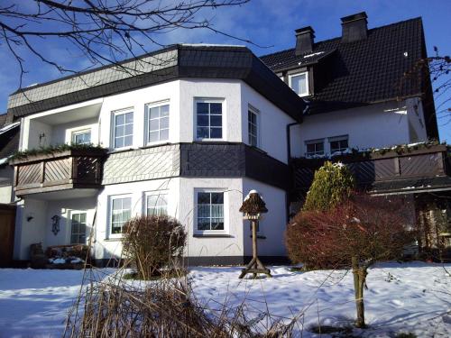 a white house with a black roof in the snow at Ferienwohnungen Luge - Winterberg in Winterberg