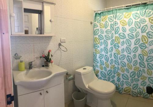 a bathroom with a sink and a toilet and a shower curtain at vista al mar curanipe cabaña/casa in Curanipe