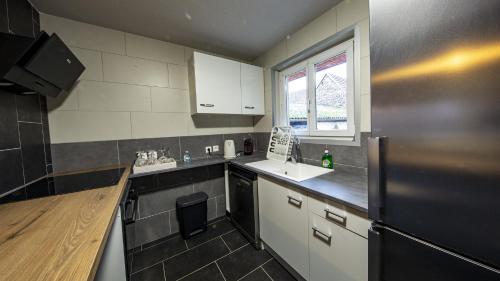 a small kitchen with a sink and a refrigerator at Domaine de l'Atelier in Soultzmatt