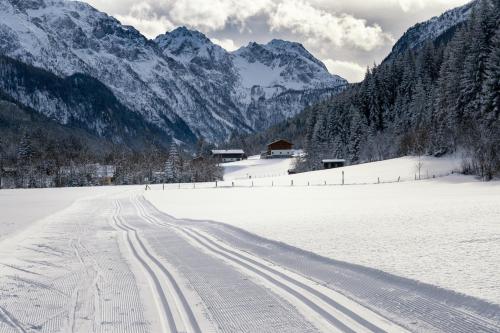 a snow covered road with mountains in the background at Apartmenthaus Mountainvista in Kleinarl