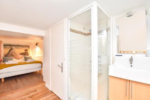 une salle de bain avec douche et lavabo dans l'établissement Splendid duplex - 1BR-2P - Notre Dame-Île St-Louis, à Paris
