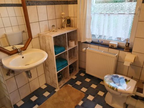 a small bathroom with a sink and a toilet at Ferienwohnungen in Semlow in Semlow