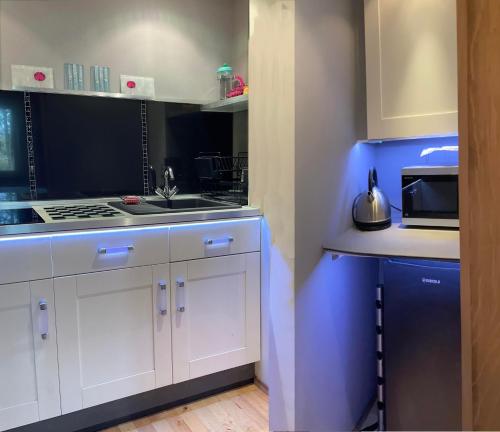 a kitchen with white cabinets and a stove top oven at The Retreat Tranquil Countryside Apartment in Larkhall