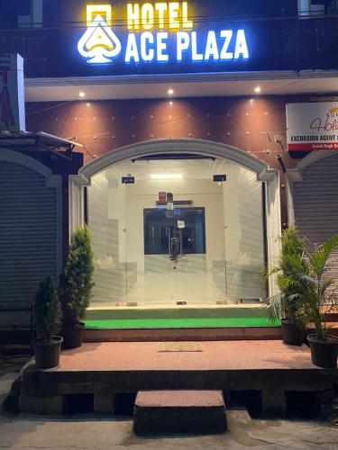 a large entrance to a hotelage plaza with potted plants at Hotel Ace Plaza in Udaipur