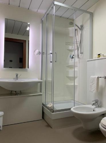 a bathroom with a glass shower and a sink at Hotel Gardenia in Romano Canavese