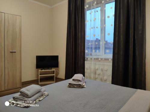 a bedroom with a bed and a window with a television at Apartments Domovik "Uyut" in Mukacheve