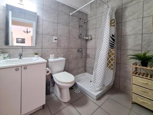 ein Bad mit einem WC, einer Dusche und einem Waschbecken in der Unterkunft Lisa's Apartment - Margarita Gardens in Paphos City