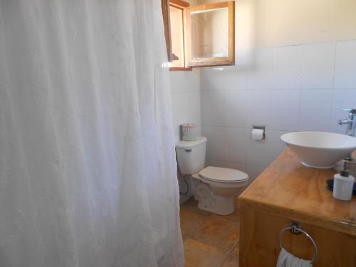 a white toilet sitting next to a sink in a bathroom at El Arbol Hostel in La Serena