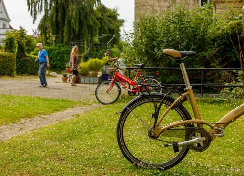 a bike parked in the grass with a man in the background at Fredensborg Vandrerhjem, i Kongens baghave in Fredensborg