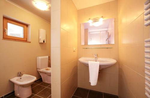La salle de bains est pourvue d'un lavabo et de toilettes. dans l'établissement Penthouse White Schmitten, à Zell am See