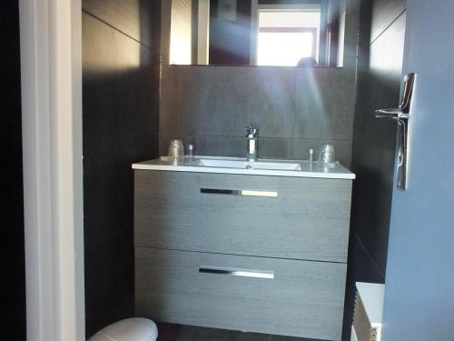 a bathroom with a sink and a mirror at Hotel Restaurant Le Manguier in Peyrat-de-Bellac