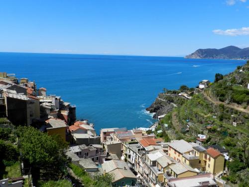 a town on a hill with the ocean in the background at ARIA DI MARE, Manarola - Appartamento THE VIEW in Manarola