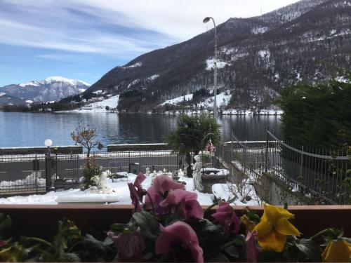 - une vue sur un lac avec des montagnes enneigées dans l'établissement Villa Marilena con accesso diretto al lago, à Ranzanico