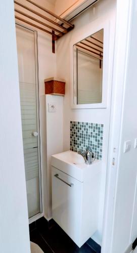 une salle de bain avec un lavabo et un miroir dans l'établissement Studio 3 étoiles lumineux et calme à 250 m de la plage, à Mers-les-Bains