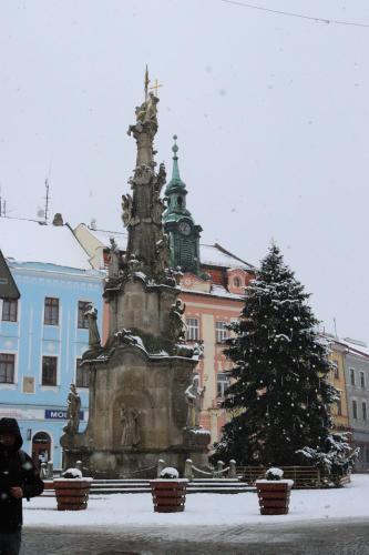 a fountain in a city with a christmas tree at Penzion-apartmán Souček in Jindrichuv Hradec