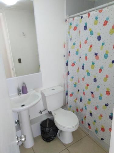 a bathroom with a toilet and a sink and a shower at Marina Sol 2 in Coquimbo