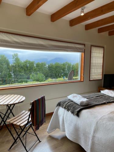 a bedroom with a bed and a large window at Apart Hotel Sol y Lago in Pucón