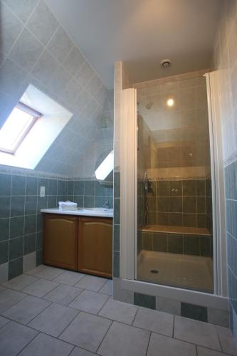 une salle de bain avec une douche et un lavabo et une douche dans l'établissement Chambres d'Hôtes Larnaudie, à Saint-Amand-de-Coly