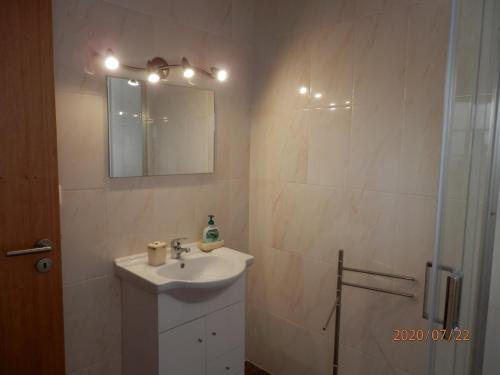 a bathroom with a sink and a mirror and a shower at Adega Vermont in Biscoitos