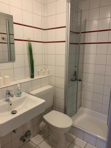 ein Bad mit einem WC, einem Waschbecken und einer Dusche in der Unterkunft Nordseeperle in Wangerland