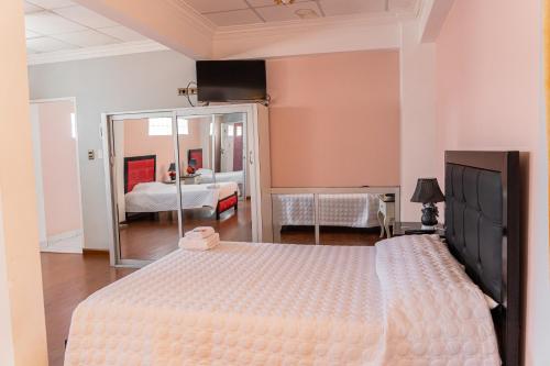 a bedroom with a large bed and a mirror at Residencial Velia & Victoria in Cochabamba