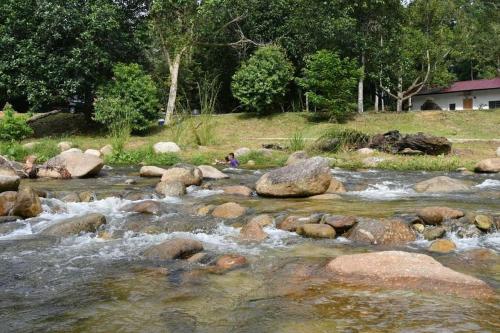 a river with rocks and people sitting on the rocks at Lubok Jong Riverside, Sedim in Kulim