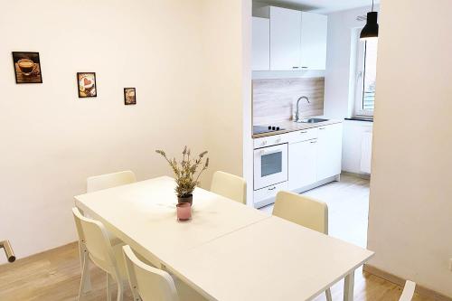 een witte keuken met een witte tafel en stoelen bij Work & Stay in Kleve III in Kleve