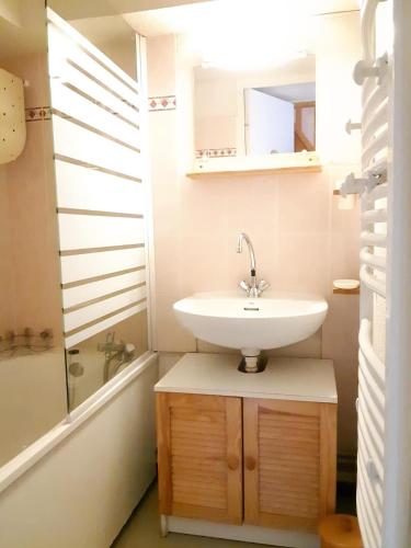 une salle de bain avec un lavabo et une baignoire dans l'établissement RED APPLE CARROZ Duplex de charme WIFI Parking Balcon TV Ski-Bus, aux Carroz d'Arâches