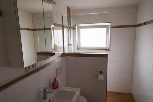 een badkamer met een wastafel, een spiegel en een raam bij Willi´s Ferienwohnung in Heroldsberg