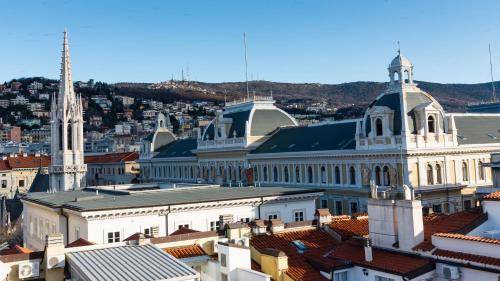 a view of a city with buildings and a church at Hotello Trieste in Trieste